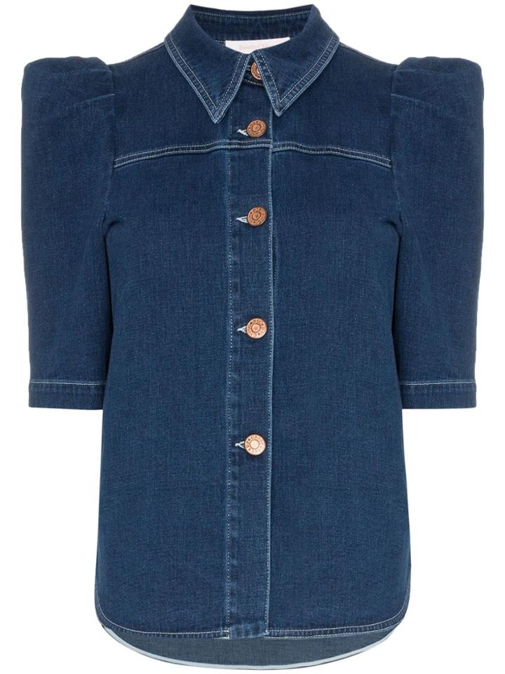 See By Chloé Button Down Puff Sleeve Denim Blouse - Blue