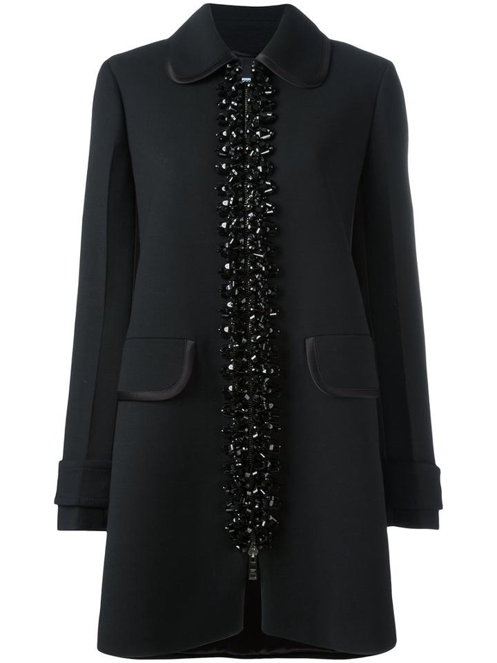 Prada Embellished Fastening Midi Coat, Women's, Size: 44, Black, Silk/virgin Wool