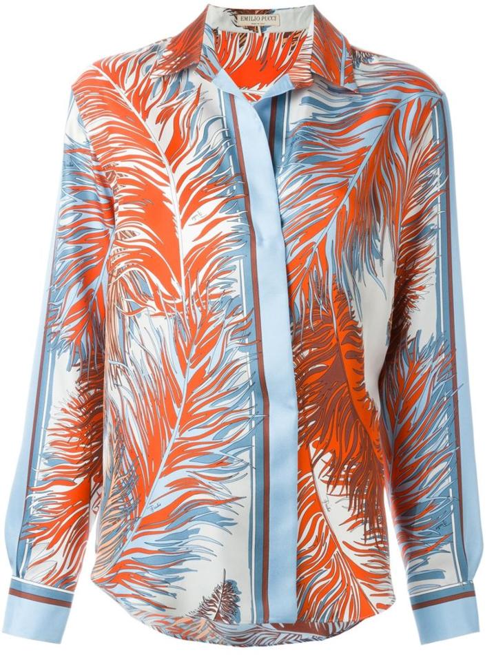 Emilio Pucci Feather Print Shirt, Women's, Size: 44, Blue, Silk