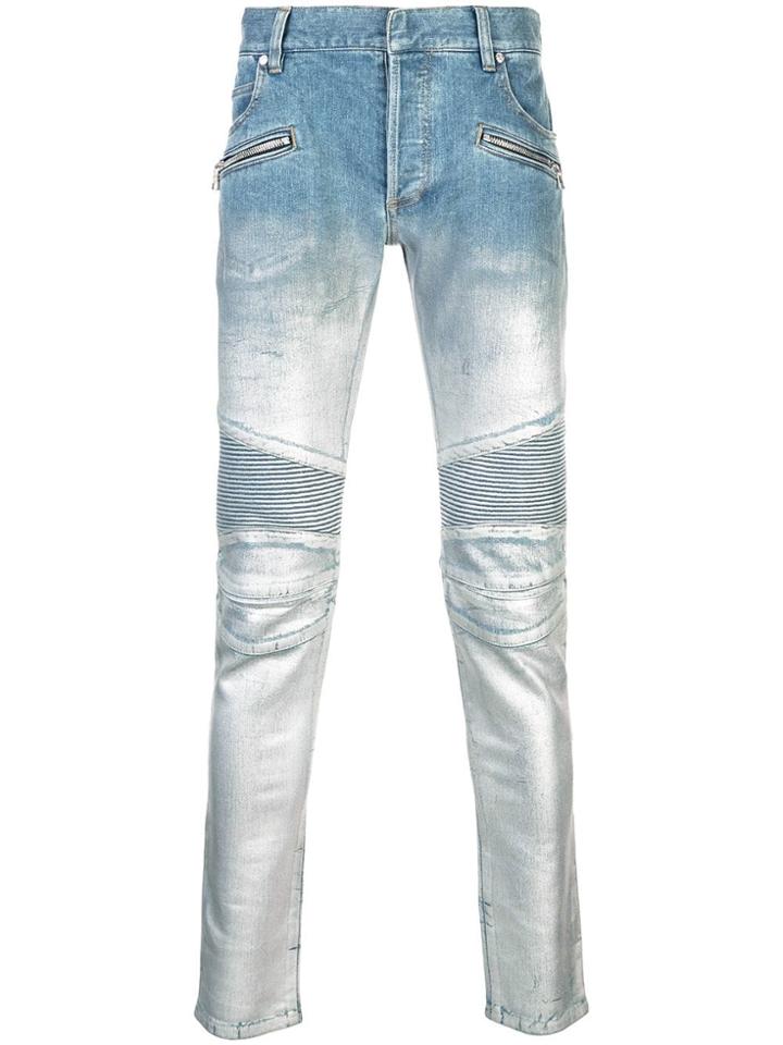 Balmain Metallic Sprayed Biker Jeans - Blue