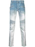 Balmain Metallic Sprayed Biker Jeans - Blue