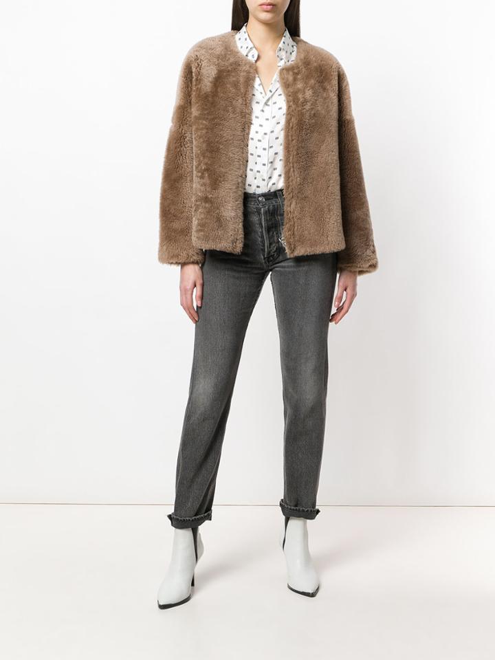Liska Collarless Cropped Jacket - Brown