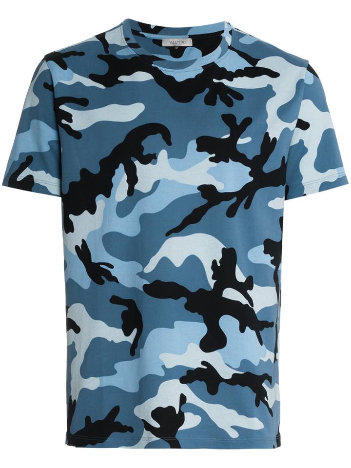 Valentino Blue Camouflage Print Short Sleeve Cotton T Shirt