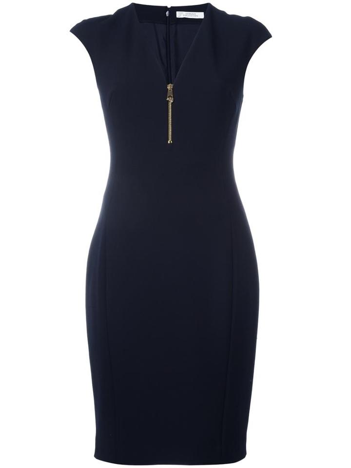 Versace Collection V-neck Fitted Dress, Women's, Size: 46, Blue, Polyester/spandex/elastane/cotton