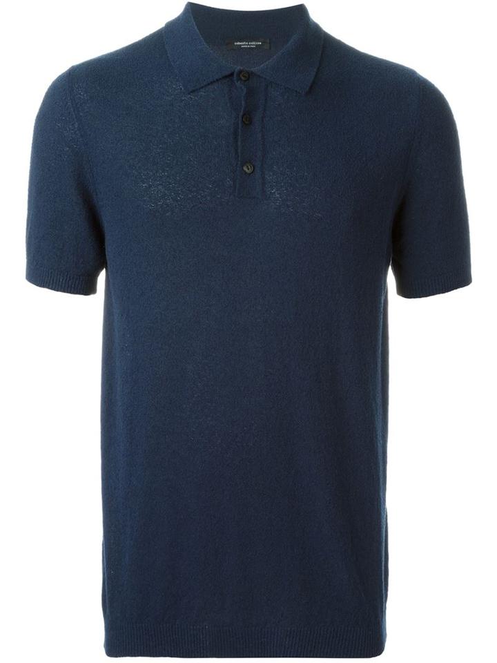 Roberto Collina Shortsleeved Knit Polo Shirt, Men's, Size: 52, Blue, Cotton/polyamide