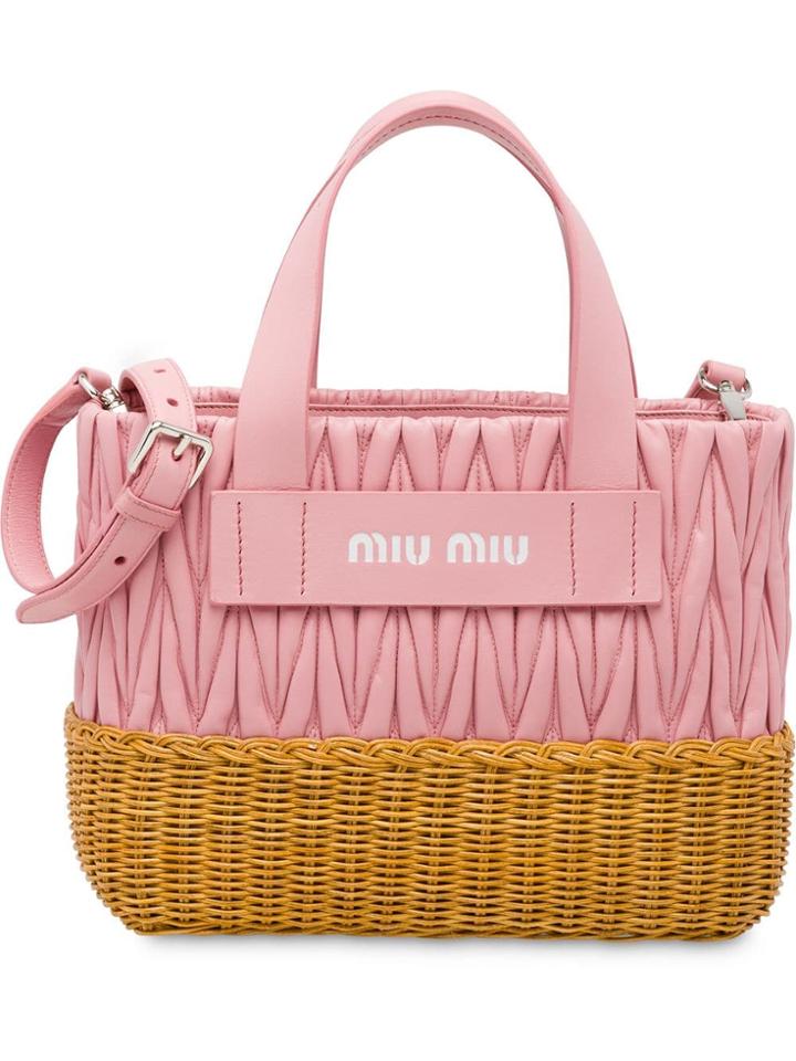 Miu Miu Matelassé And Wicker Tote Bag - Pink & Purple
