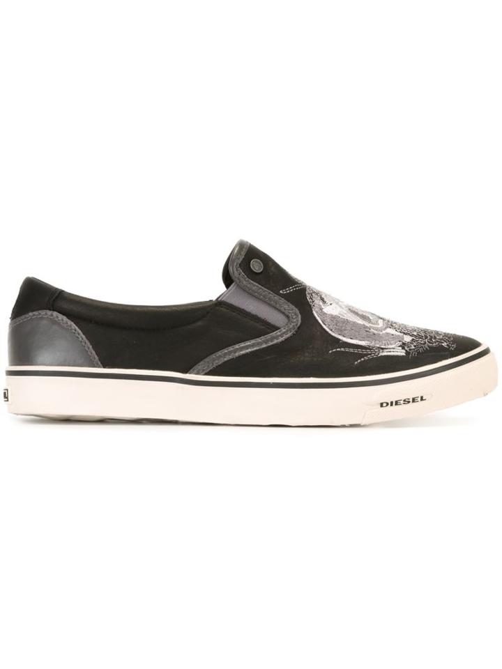 Diesel Embroidered Skull Slip-on Sneakers