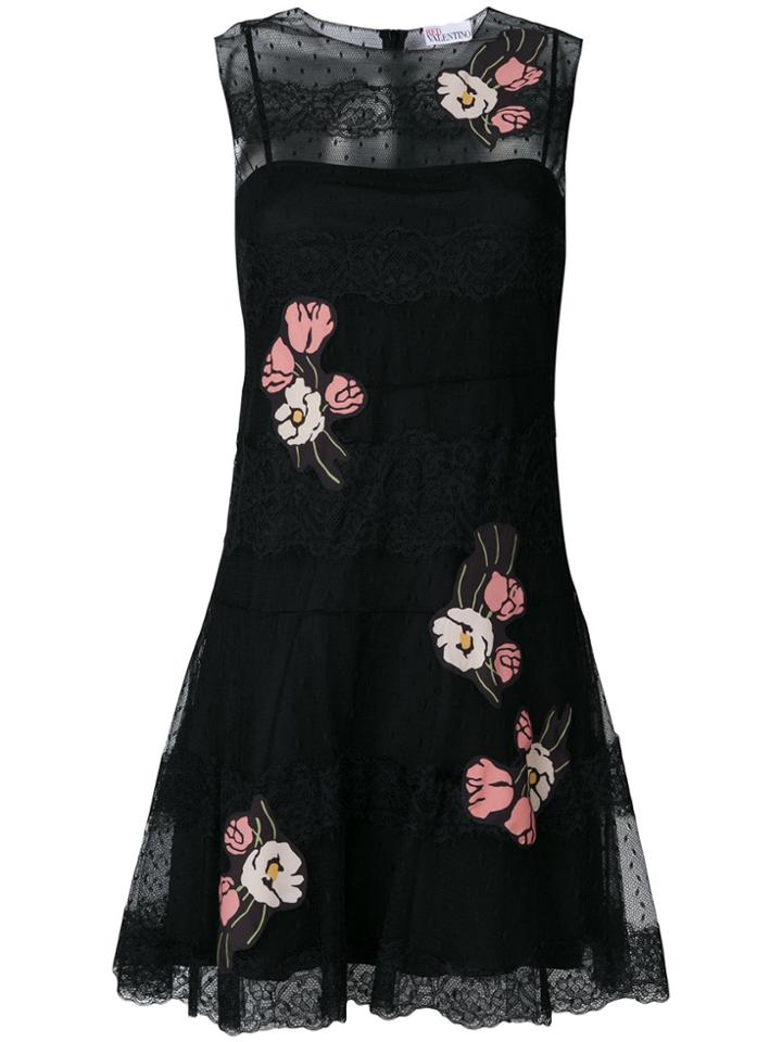 Red Valentino Floral Lace Flared Dress - Black