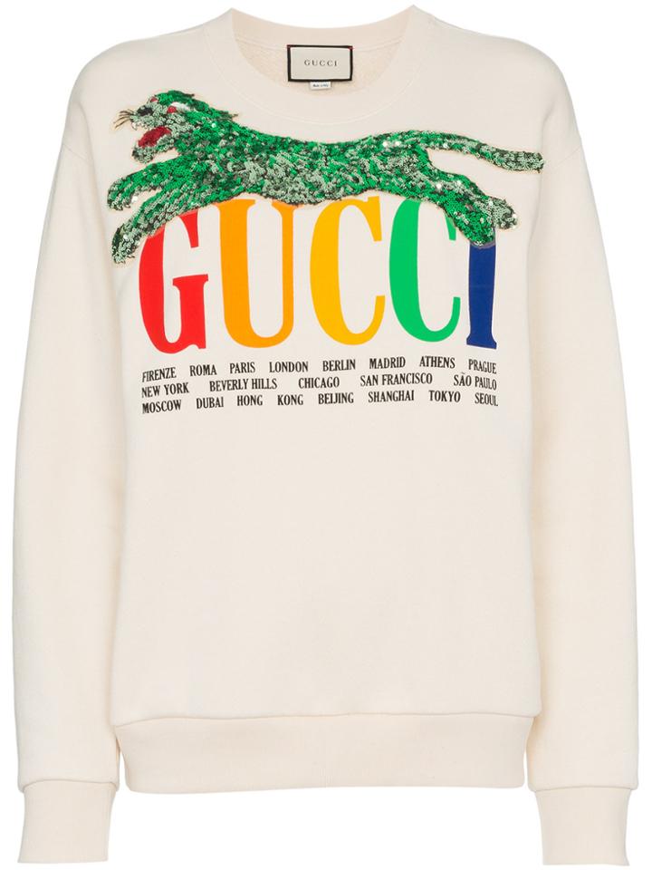 Gucci Sequin Panther Logo Print Cotton Sweatshirt - White