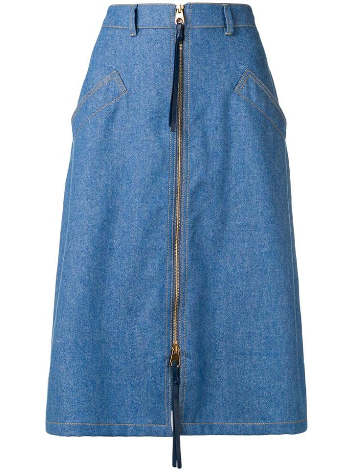 Agnona Zip Front Denim Midi Skirt - Blue