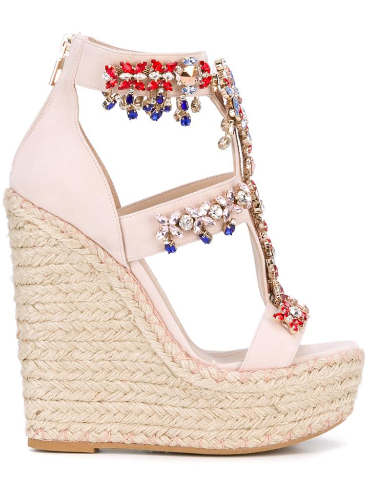 Elie Saab Embellished Wedge Sandals - Nude & Neutrals