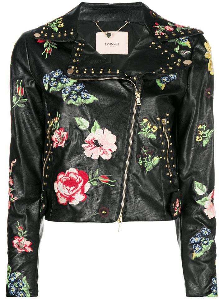 Twin-set Embroidered Floral Biker Jacket - Black