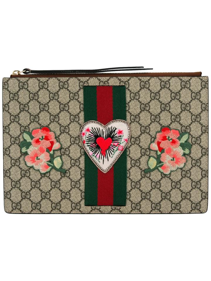 Gucci Embroidered Gg Supreme Clutch Bag - Nude & Neutrals