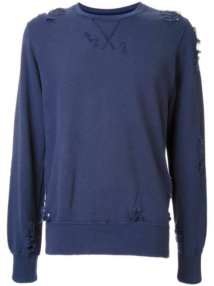 Miharayasuhiro Distressed Crew Neck Sweatshirt, Men's, Size: 44, Blue, Cotton