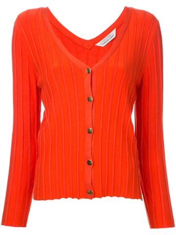 Torrazzo Donna - Ribbed V-neck Cardigan - Women - Rayon - One Size, Yellow/orange, Rayon