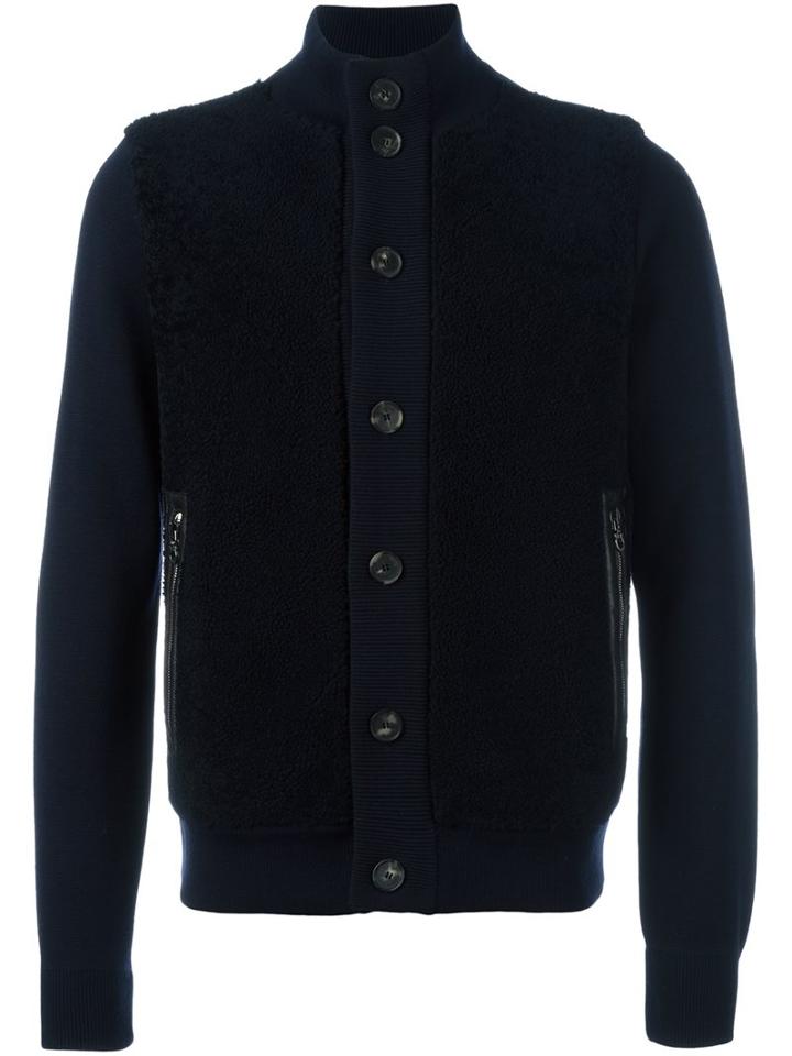 Salvatore Ferragamo Contrast Panel Cardigan, Men's, Size: Medium, Blue, Lamb Fur/virgin Wool