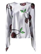 Natasha Zinko Cherry Print Satin Blouse, Women's, Size: 38, Grey, Polyester/spandex/elastane