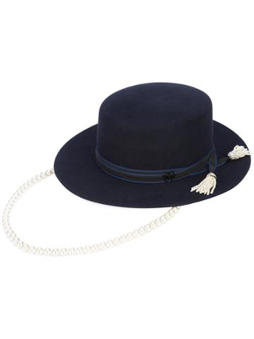 Maison Michel Wide Brim Hat With Hanging Pearl Chain - Blue