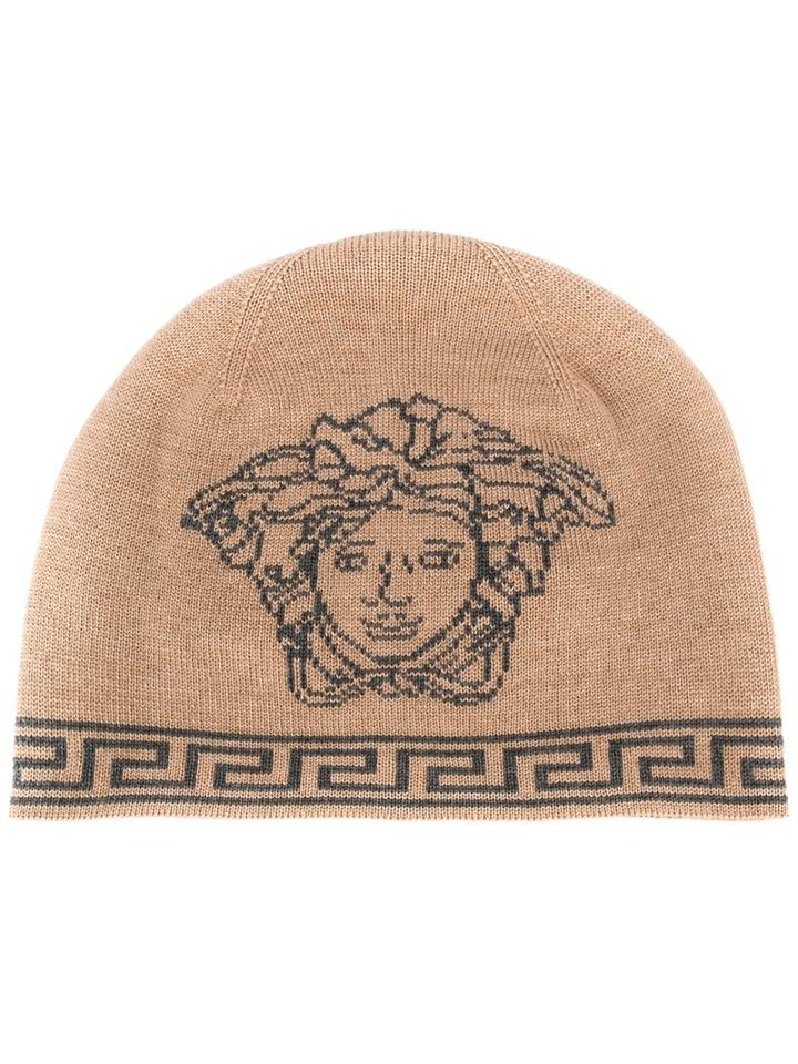 Versace Medusa Greca Beanie, Men's, Nude/neutrals, Silk/wool