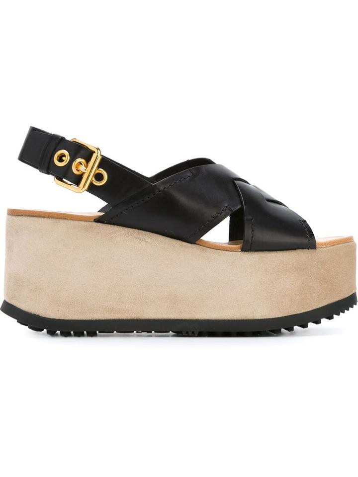Car Shoe Sling Back Buckle Platform Sandals, Women's, Size: 38.5, Black, Iron/deer Horn/leather/rubber