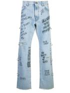 Faith Connexion Graffiti Print Loose Fit Denim Jeans - Blue