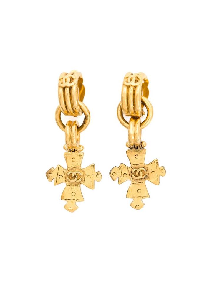 Chanel Vintage Cross Clip-on Earrings, Women's, Yellow/orange