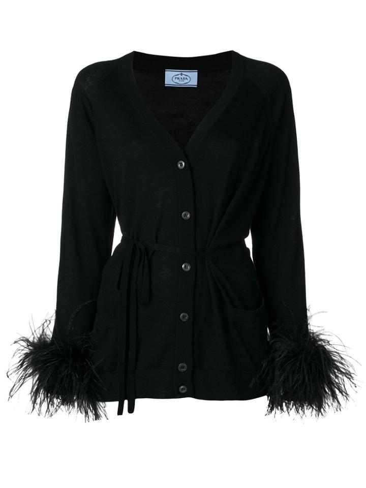 Prada Embellished Belted Cardigan - Black