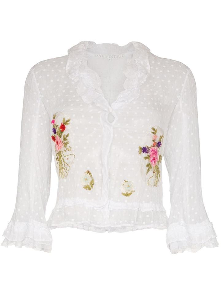 One Vintage Floral-embroidered Ruffle Cardigan - White