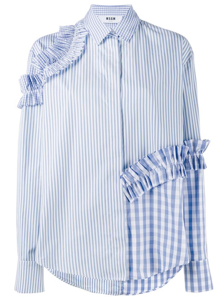 Msgm Stripe And Gingham Ruffle Shirt, Women's, Size: 46, Blue, Cotton