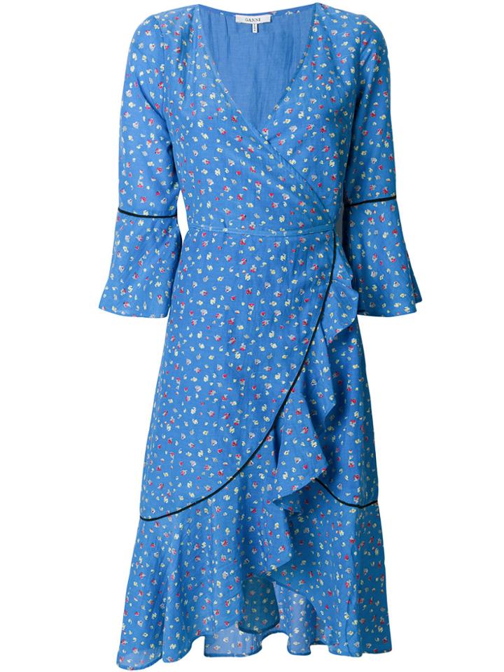 Ganni Embroidered Ruffle Midi Dress - Blue