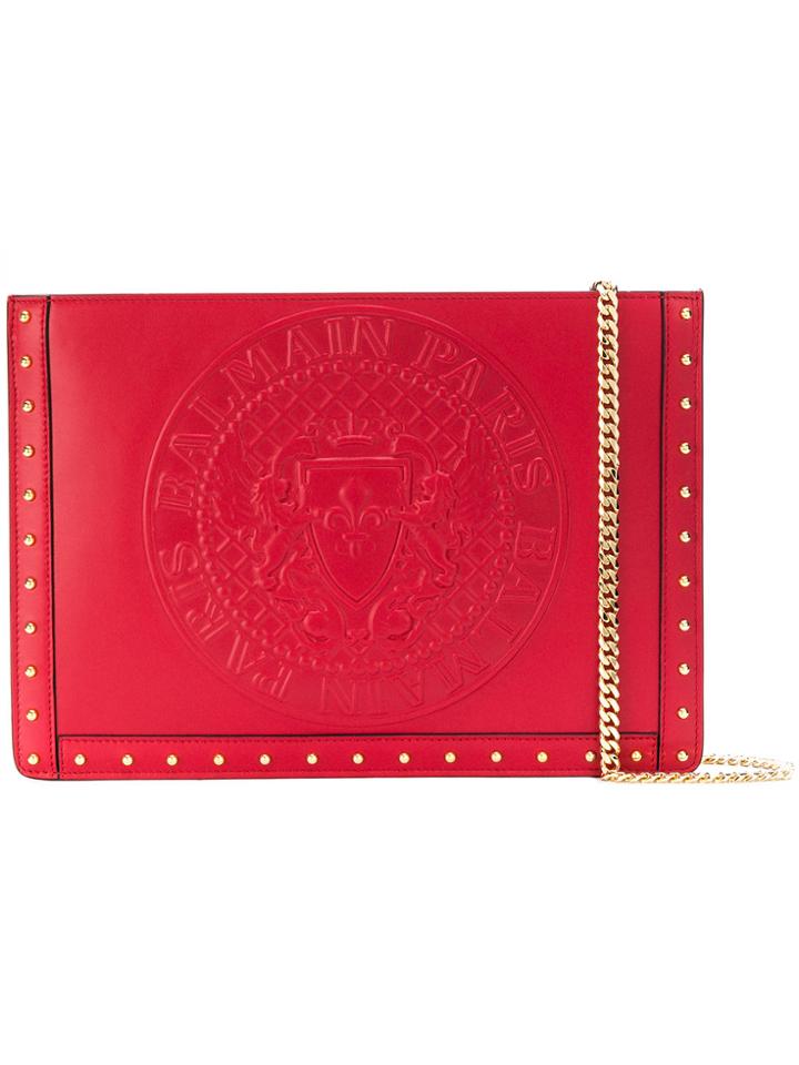 Balmain Logo Embellished Clutch Bag - Red