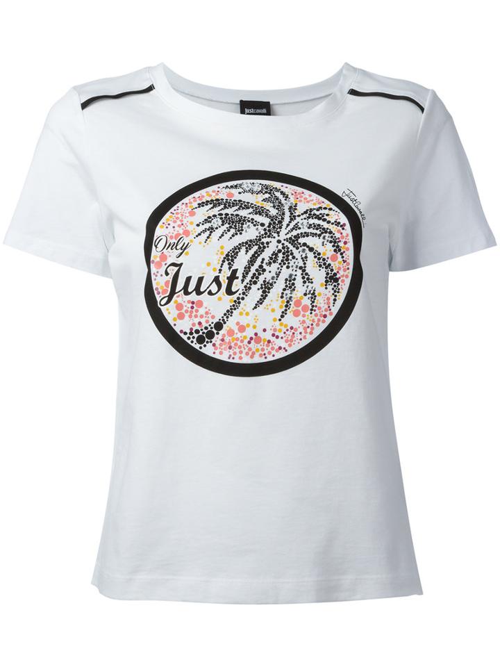 Just Cavalli Palm Print Logo T-shirt, Women's, Size: Large, White, Cotton