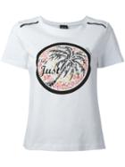 Just Cavalli Palm Print Logo T-shirt, Women's, Size: Large, White, Cotton