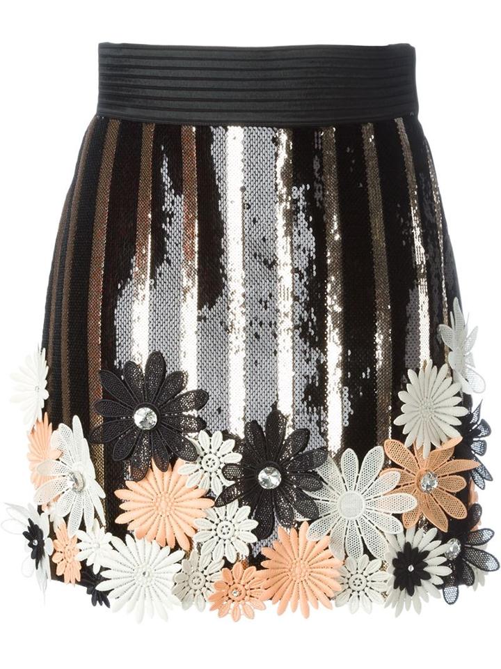 Emanuel Ungaro Flower Appliqué Sequin Skirt, Women's, Size: 42, Black, Polyester/rayon/silk