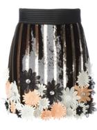 Emanuel Ungaro Flower Appliqué Sequin Skirt, Women's, Size: 42, Black, Polyester/rayon/silk