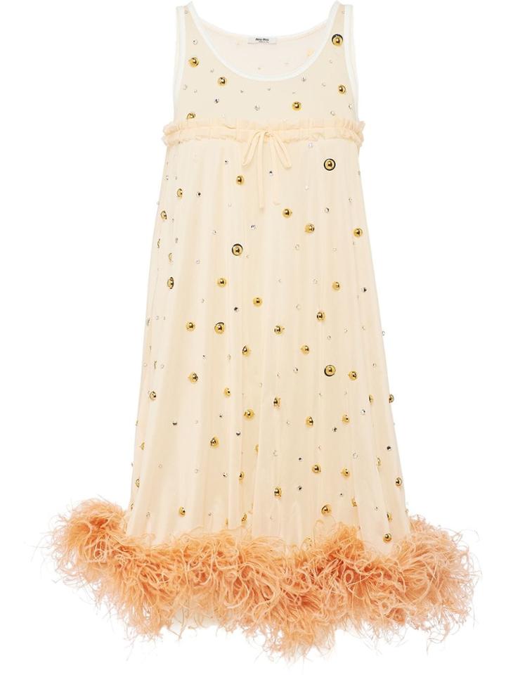 Miu Miu Feather-trimmed Mini Dress - Neutrals