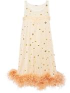 Miu Miu Feather-trimmed Mini Dress - Neutrals