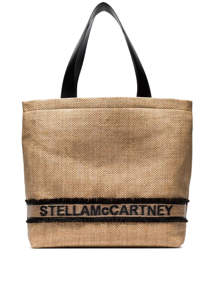 Stella Mccartney Beige Small Logo Print Woven Straw Tote Bag -