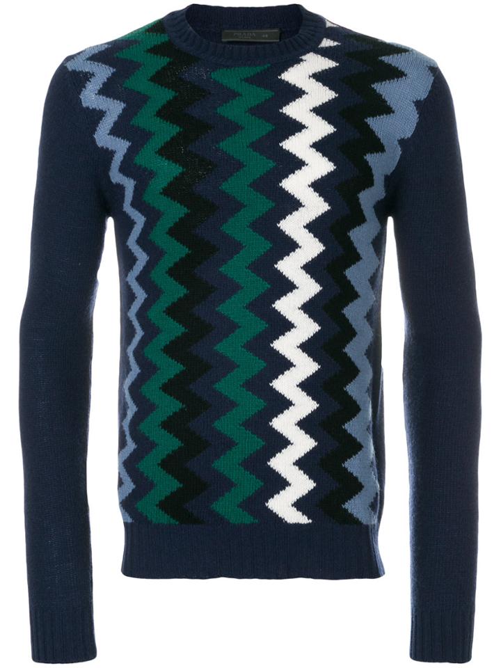 Prada Zigzag Intarsia Cashmere Blend Jumper - Blue
