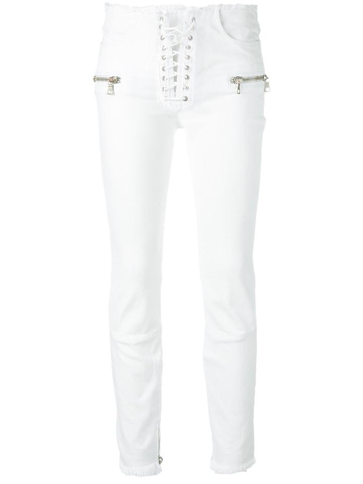 Unravel Project - Zips Applique Frayed Trim Pants - Women - Cotton/polyester/spandex/elastane - 27, Women's, White, Cotton/polyester/spandex/elastane