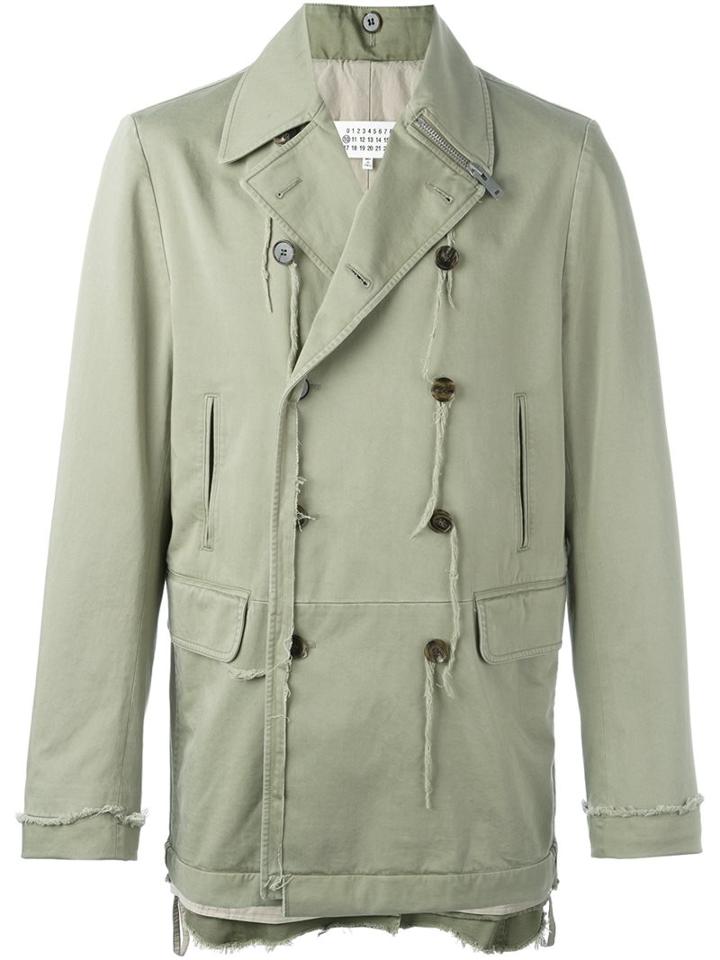 Maison Margiela Distressed Double Breasted Jacket, Men's, Size: 48, Green, Polyester/cotton