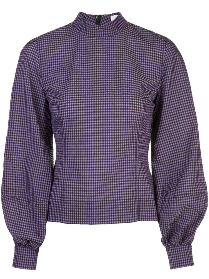 Ganni Gingham Check Pouf-sleeve Top - Purple