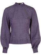 Ganni Gingham Check Pouf-sleeve Top - Purple