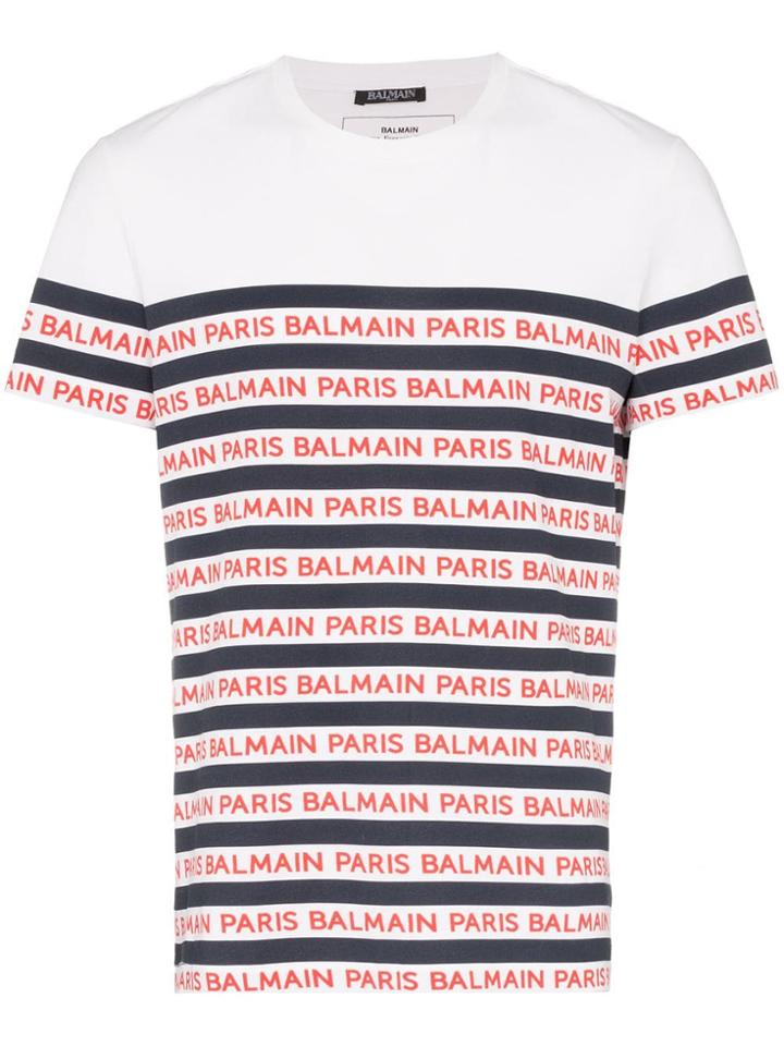 Balmain Stripe Logo Cotton T-shirt - White