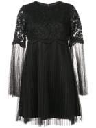Aidan Mattox Floral Lace Sheer Sleeve Mini Dress - Black