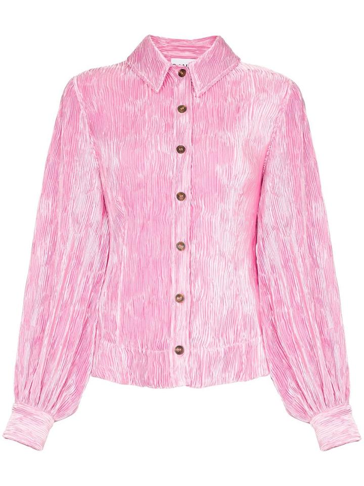 Ganni Plisse Velvet Button-down Shirt - Pink