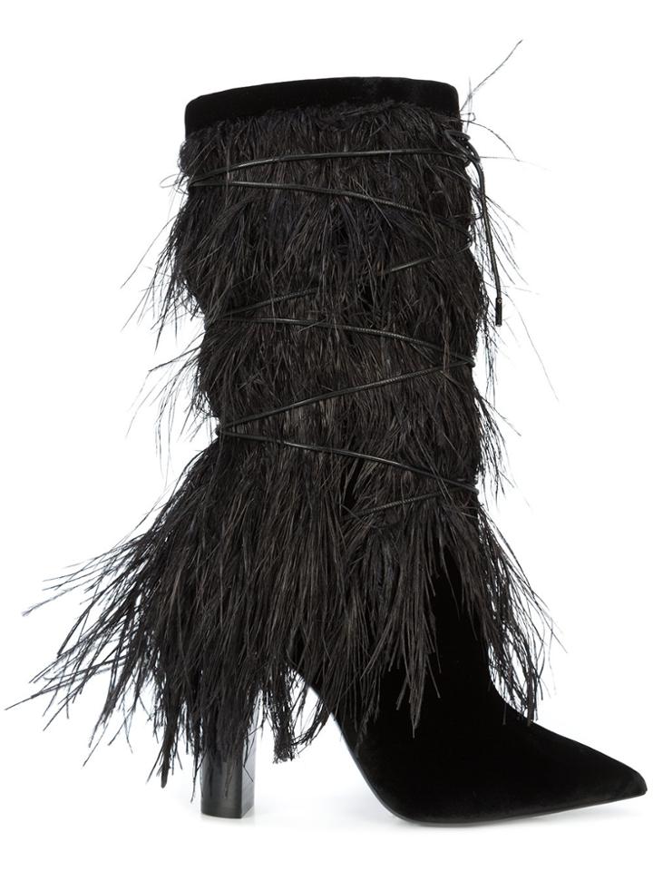 Saint Laurent Yeti 110 Ostrich Feather Boots - Black