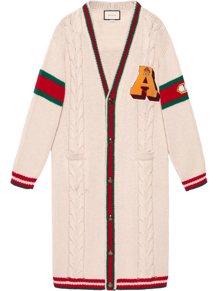 Gucci Embroidered Chunky Cable Knit Cardigan - White