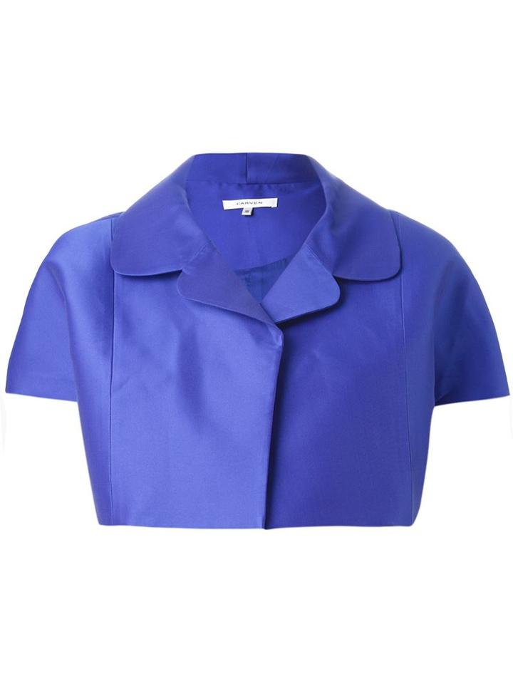 Carven Cropped Short Sleeve Jacket, Women's, Size: 42, Blue, Polyester/acetate/silk