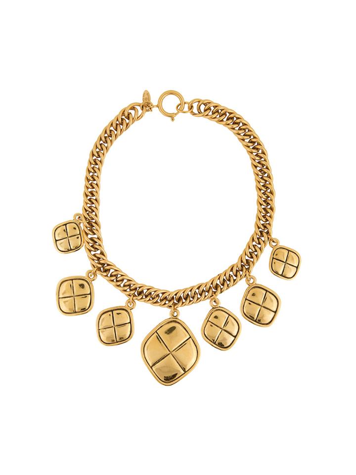 Chanel Vintage Cc Stitch Short Swing Necklace - Metallic